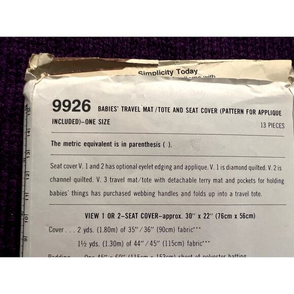 Simplicity 9926 baby travel mat/tote seat cover - Picture 4 of 6